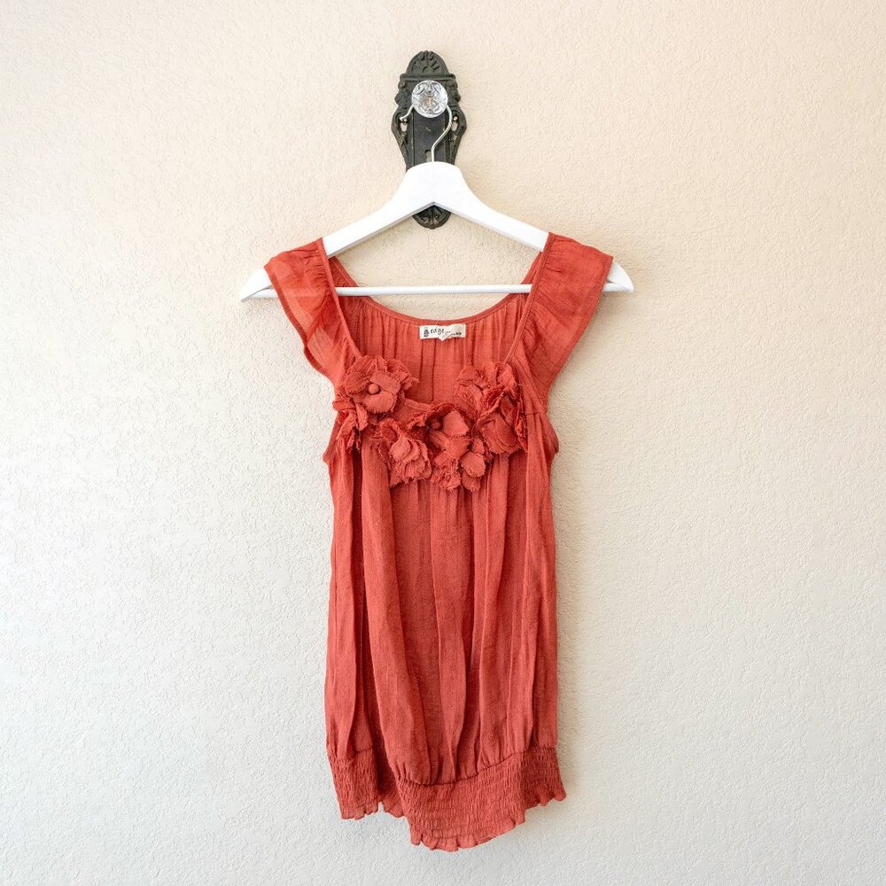 Edge S Rust Boho Blouse Floral Applique Ruffle Sleeveless Peasant Top Smocked
